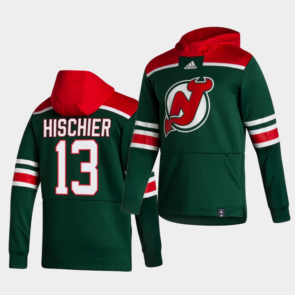 Men New Jersey Devils 13 Hischier Green NHL 2021 Adidas Pullover Hoodie Jersey